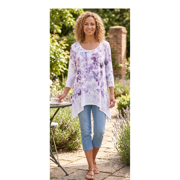 Tops - Women Top 2X Floral Asymmetrical Rhinestone Butterfly Fairy Cottagecore Romantic